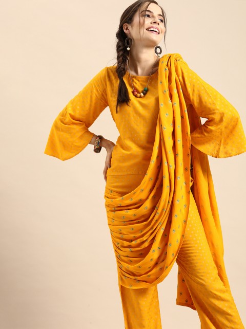 

Sangria Mustard Yellow & Gold-Toned Viscose Rayon Printed Pant Saree