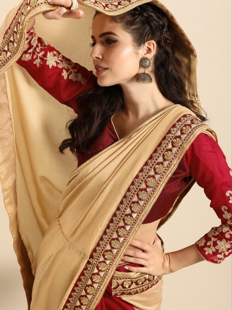 

Sangria Beige Embroidered Silk Blend Half and Half Saree