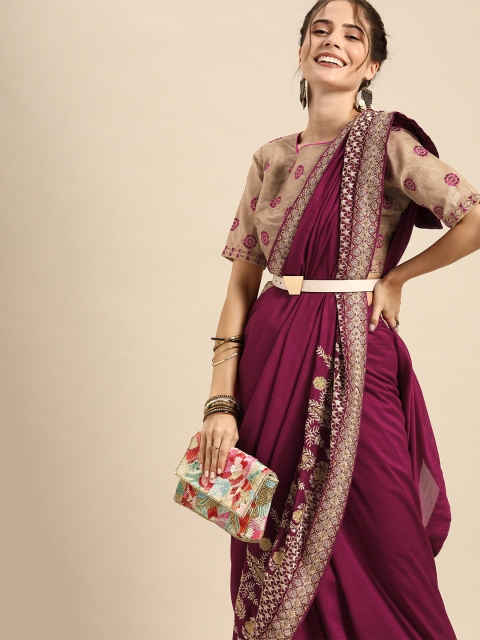 

Sangria Burgundy Solid Silk Blend Saree