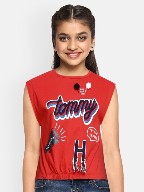 

Tommy Hilfiger Girls Red Logo Embroidered KG SS MARICAO FASHION Pure Cotton Regular Top