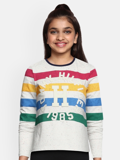 

Tommy Hilfiger Girls Grey Melange Striped KG LS JOPLIN FASHION Pure Cotton T-shirt