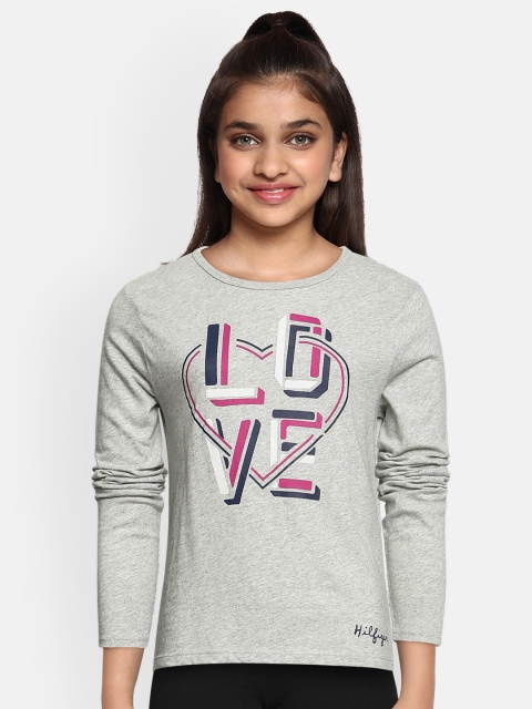 

Tommy Hilfiger Girls Grey Printed KG T2 LS PUA Round Neck Pure Cotton T-shirt