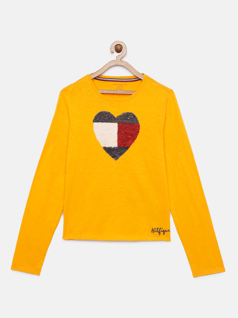 

Tommy Hilfiger Girls Yellow Sequinned Pure Cotton Round Neck T-shirt