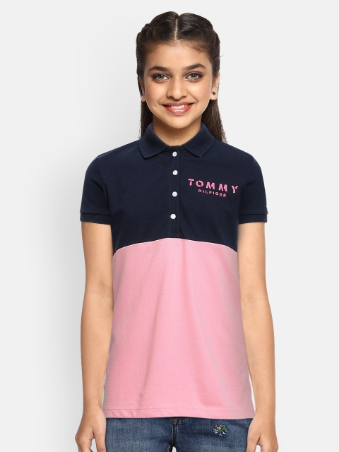 

Tommy Hilfiger Girls Navy Blue Pink Colourblocked Pure Cotton Polo Collar Pure Cotton T-shirt
