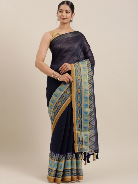 

Triveni Navy Blue & Beige Silk Cotton Solid Saree