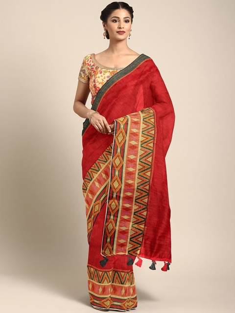 

Triveni Red Solid Silk Cotton Saree with Printed Border