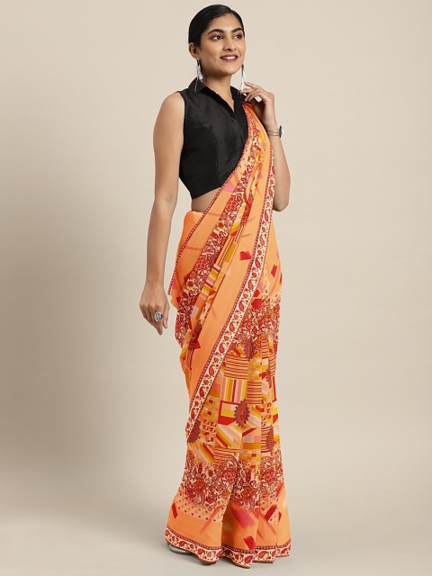 

Triveni Women Orange Printed Pure Georgette Saree