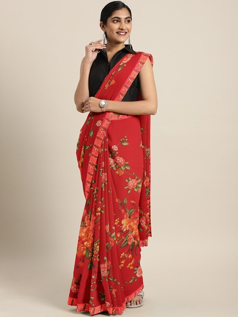 

Triveni Red & Orange Pure Georgette Floral Printed Saree
