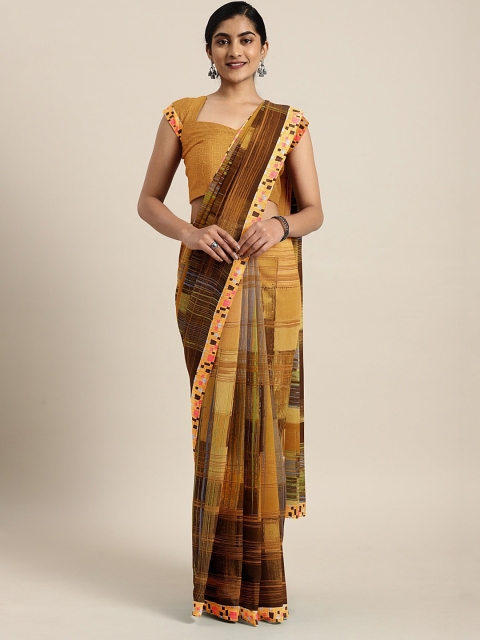 

Triveni Mustard Yellow & Brown Pure Georgette Printed Saree