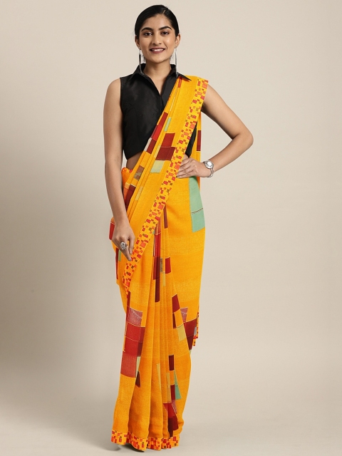 

Triveni Yellow & Maroon Pure Georgette Printed Saree