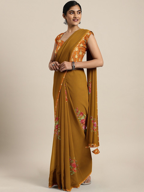 

Triveni Khaki & Pink Pure Georgette Floral Printed Saree