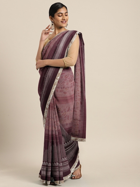 

Triveni Burgundy & White Pure Chiffon Printed Saree