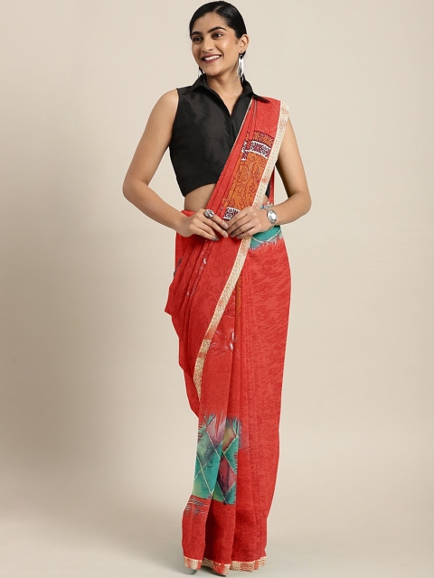 

Triveni Red Floral Printed Pure Chiffon Saree