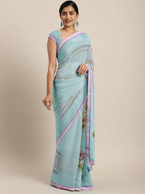 

Triveni Blue Printed Pure Chiffon Saree