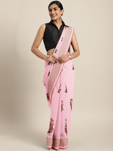 

Triveni Pink & Red Pure Georgette Floral Printed Saree