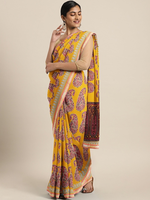 

Triveni Yellow & Pink Pure Chiffon Printed Saree