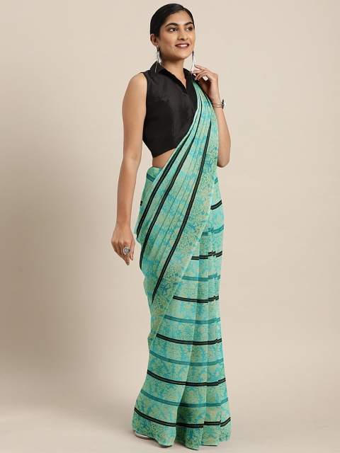 

Triveni Sea Green & Black Pure Georgette Striped Saree