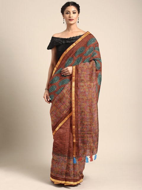 

Triveni Brown & Teal Green Pure Cotton Printed Saree