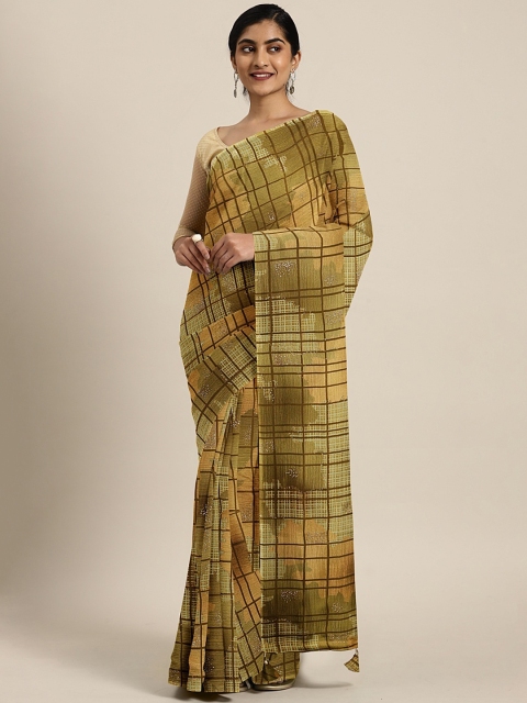 

Triveni Olive Green & Brown Pure Georgette Checked Saree