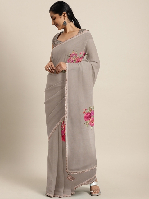 

Triveni Grey & Pink Pure Georgette Floral Printed Saree