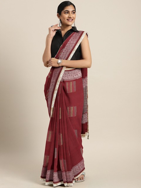 

Triveni Maroon & White Pure Chiffon Printed Saree