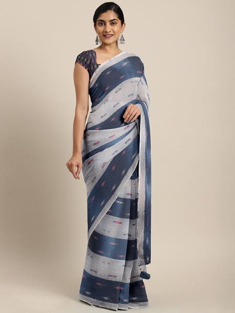 

Triveni Blue & Grey Pure Georgette Striped Saree