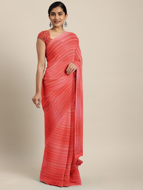 

Triveni Red & White Pure Georgette Striped Saree
