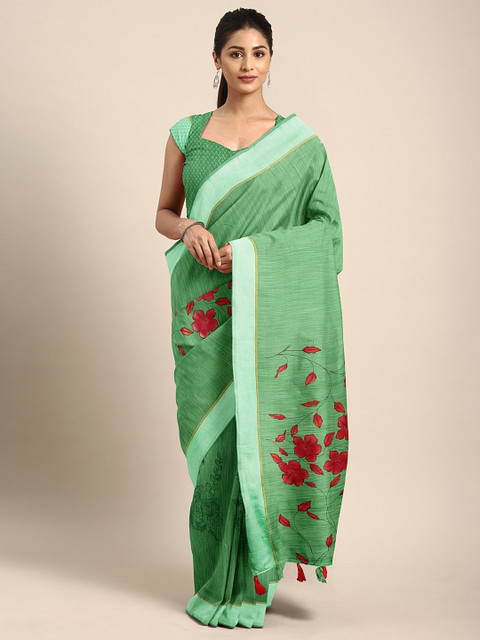 

Triveni Green & Red Pure Linen Printed Saree