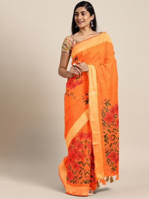 

Triveni Orange & Pink Pure Linen Printed Saree