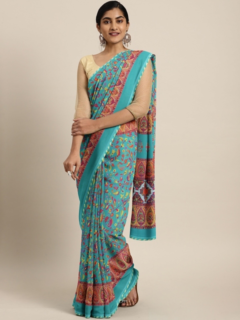

Triveni Turquoise Blue & Red Pure Georgette Floral Printed Saree