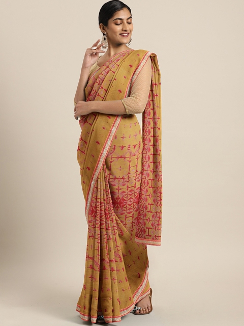 

Triveni Mustard Yellow & Red Pure Chiffon Printed Saree