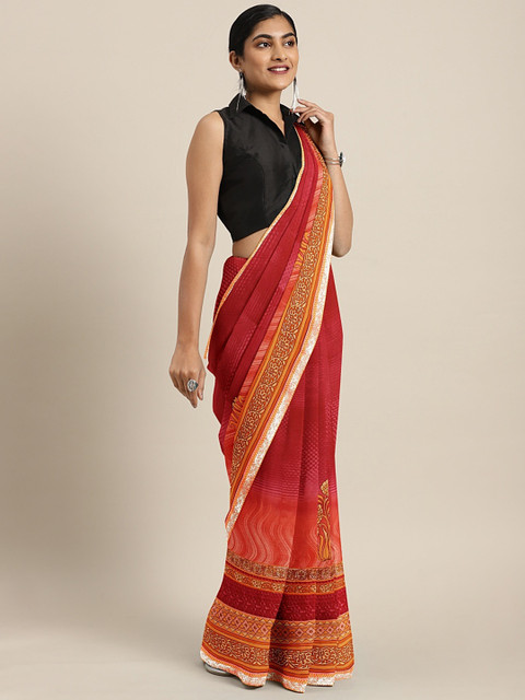 

Triveni Women Maroon Printed Pure Chiffon Saree