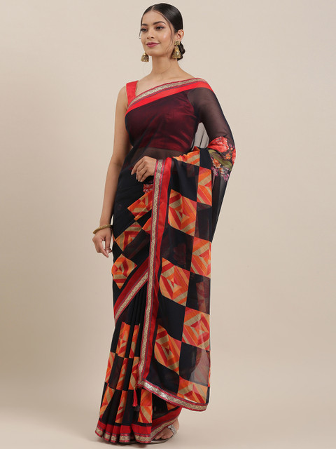 

Triveni Navy Blue & Orange Pure Chiffon Printed Saree
