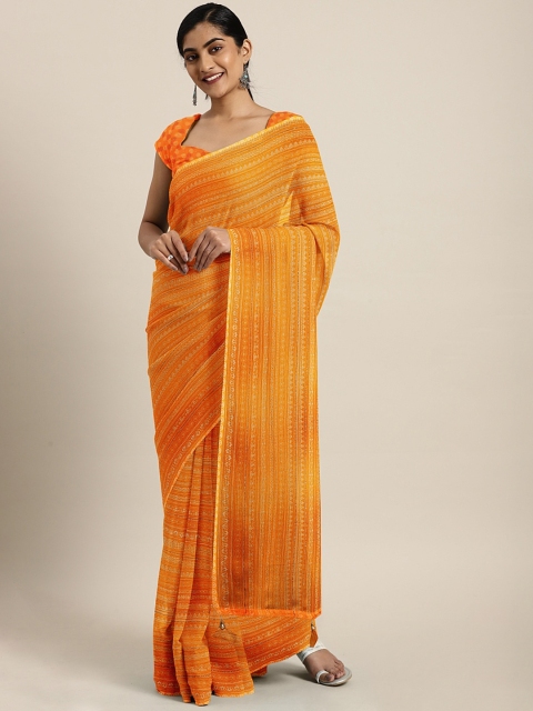 

Triveni Yellow & White Pure Georgette Striped Saree