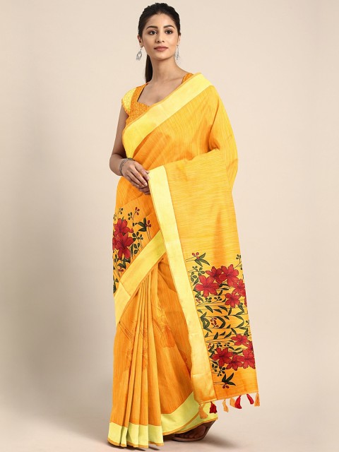 

Triveni Mustard Yellow Floral Printed Pure Linen Saree