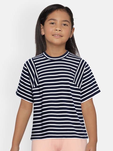 

Tommy Hilfiger Girls Navy Blue & White Striped Pure Cotton Regular Top