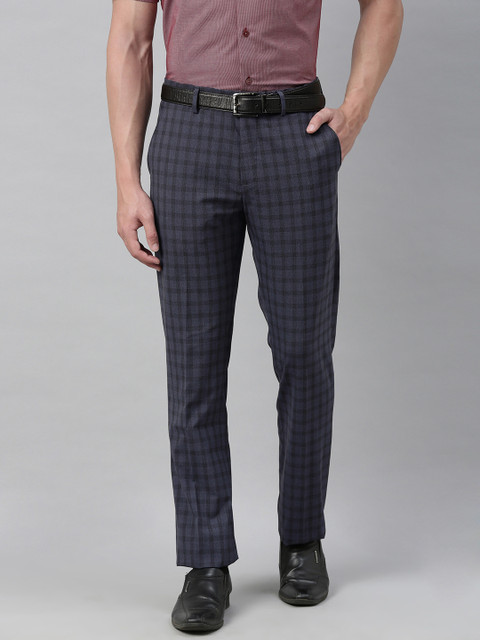 

Louis Philippe Men Navy Blue & Black Slim Fit Checked Formal Trousers