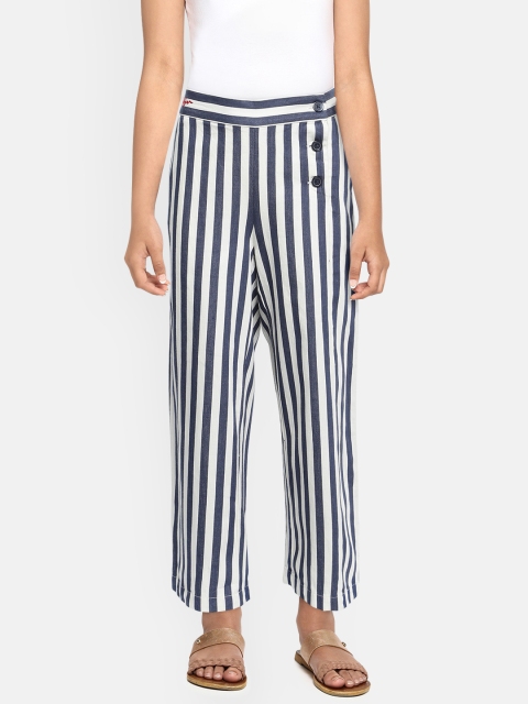 

Tommy Hilfiger Girls Navy Blue & White Regular Fit Striped WIDE LEG Cotton Trousers