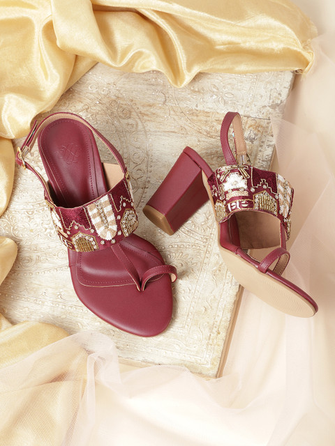 

House of Pataudi Maroon & Gold-Toned Embellished Handcrafted Ethnic Block Heels