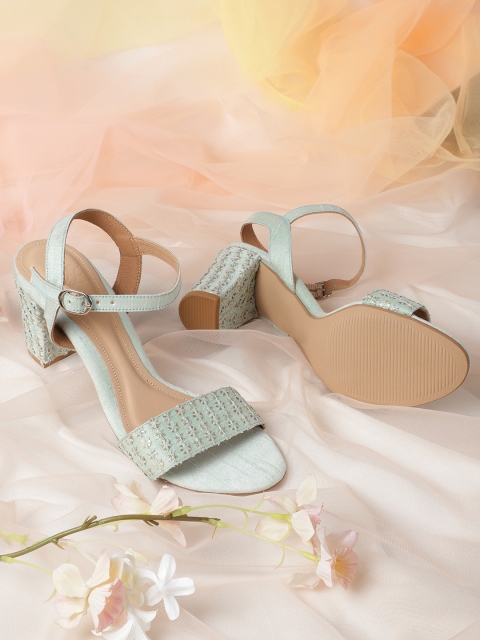 

House of Pataudi Women Blue & Gold-Toned Ethnic Embellished Handcrafted Block Heels