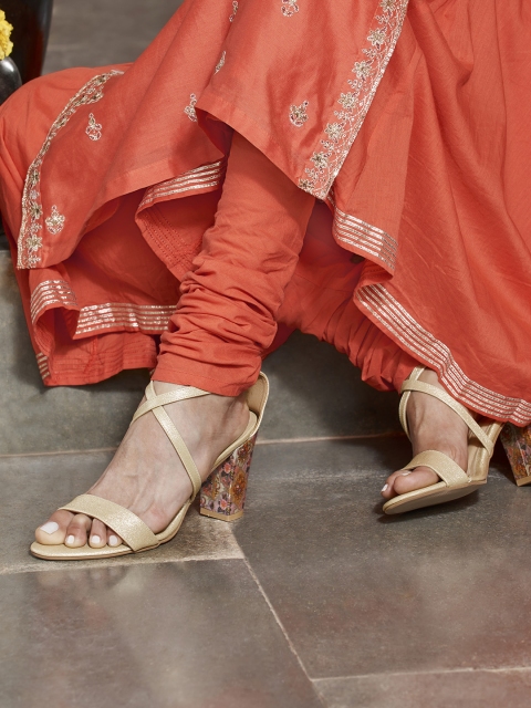 

House of Pataudi Women Gold-Toned & Pink Open Toe Heels