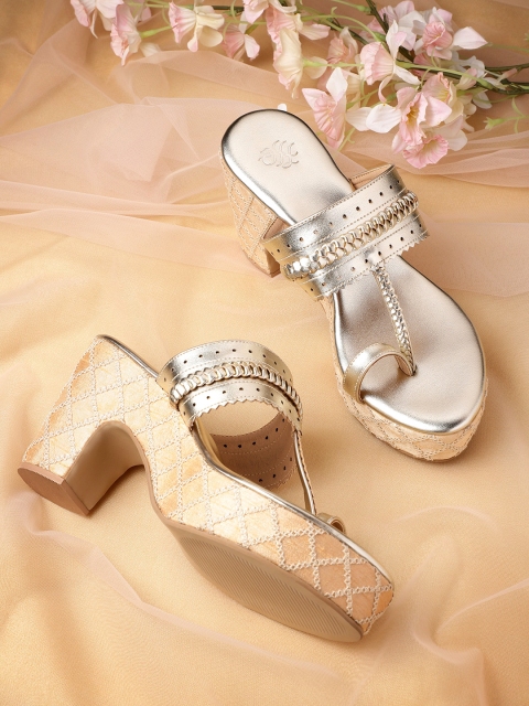 

House of Pataudi Women Gold-Toned Braided & Perforated Handcrafted Platform Heels