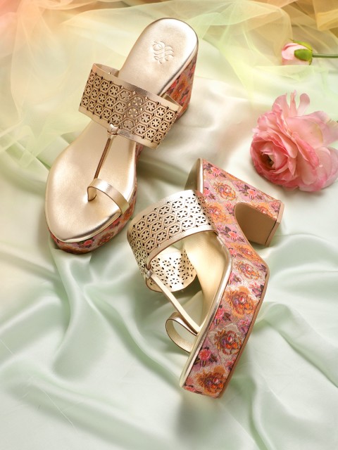 

House of Pataudi Women Gold-Toned & Pink Perforated Handcrafted Platform Heels