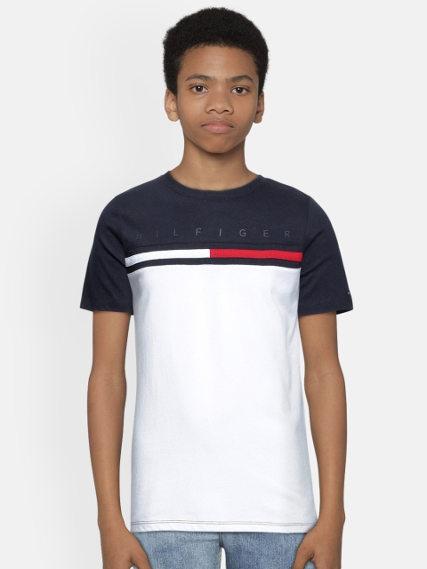 

Tommy Hilfiger Boys White & Navy Blue Colourblocked Pure Cotton Round Neck T-shirt