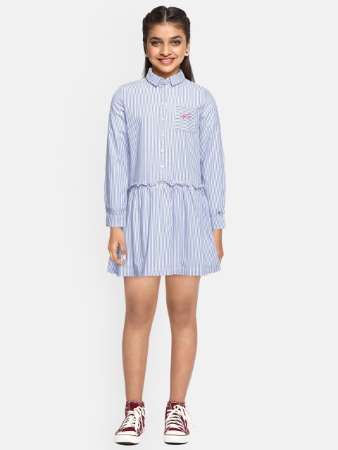 

Tommy Hilfiger Girls Blue & White Striped Pure Cotton Shirt Dress