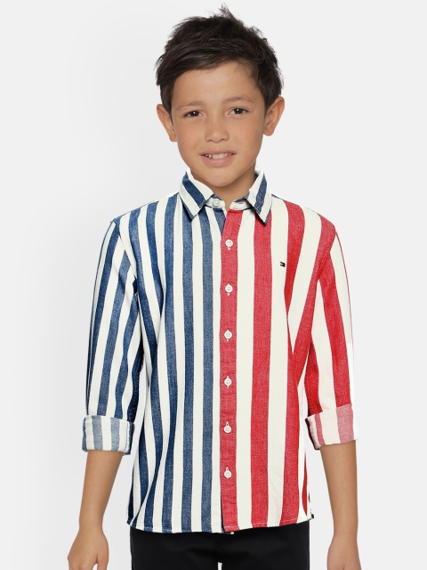 

Tommy Hilfiger Boys White & Blue Striped Pure Cotton Regular Fit Casual Shirt