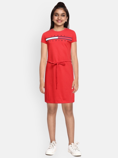 

Tommy Hilfiger Girls Red Printed KG SS TINA Pure Cotton T-shirt Dress