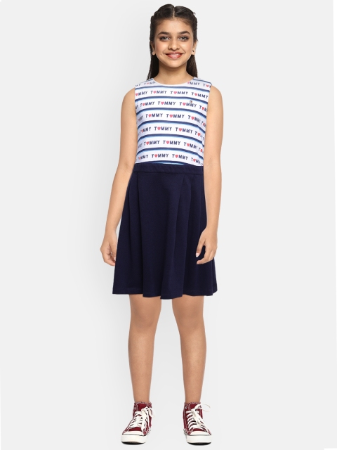 

Tommy Hilfiger Girls Navy Blue Printed KG SL SHARRON Fit and Flare Dress