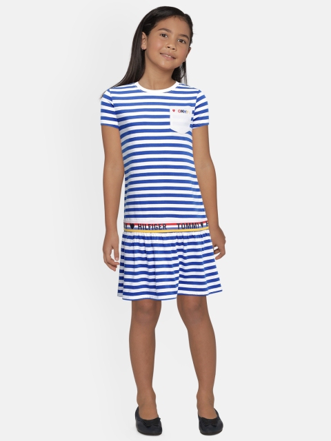 

Tommy Hilfiger Girls Blue & White Striped Pure Cotton Drop-waist Dress