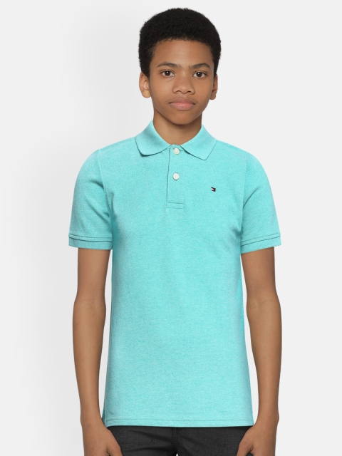 

Tommy Hilfiger Boys Turquoise Blue Solid Pure Cotton Polo Collar Pure Cotton T-shirt